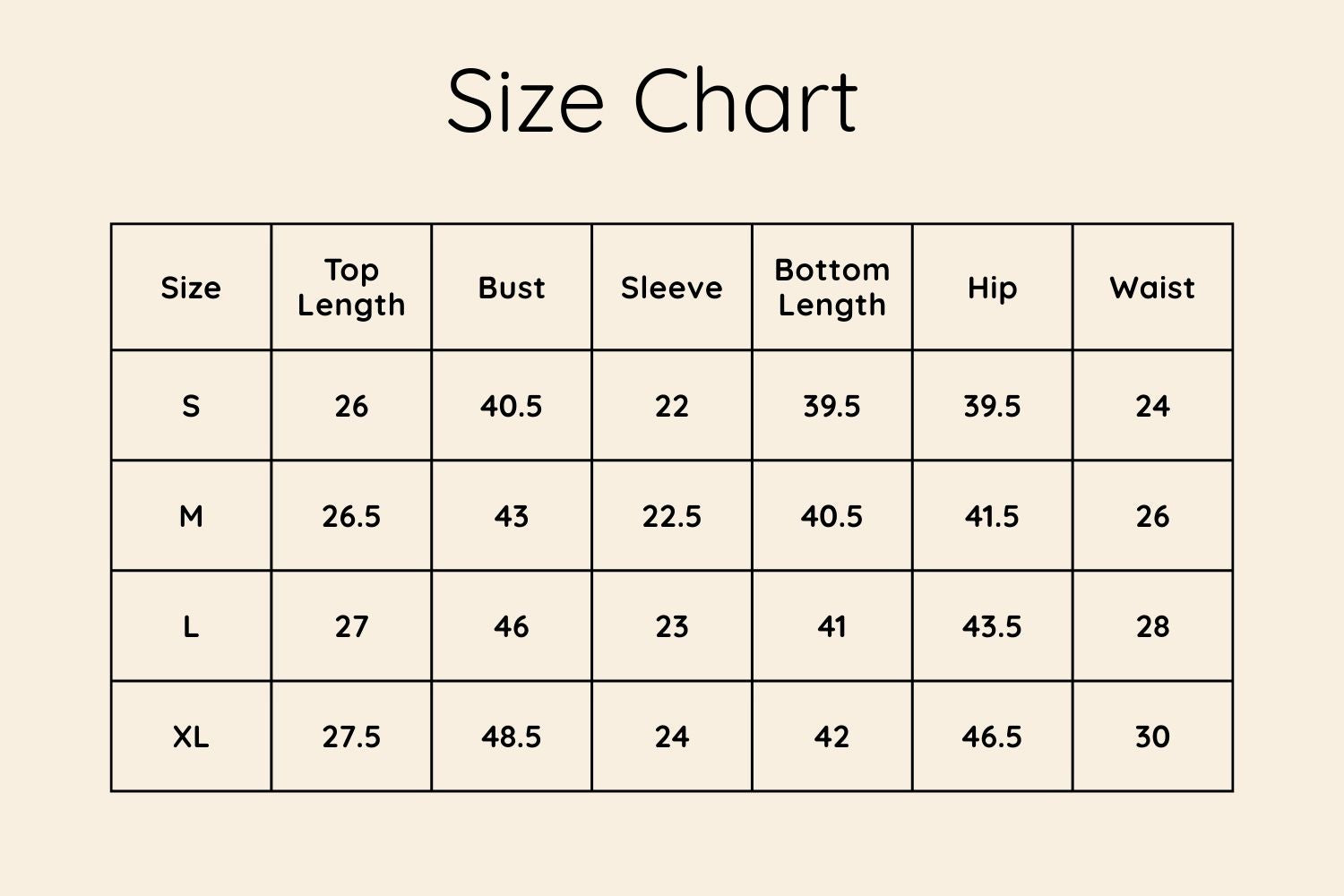 Size Chart Inches