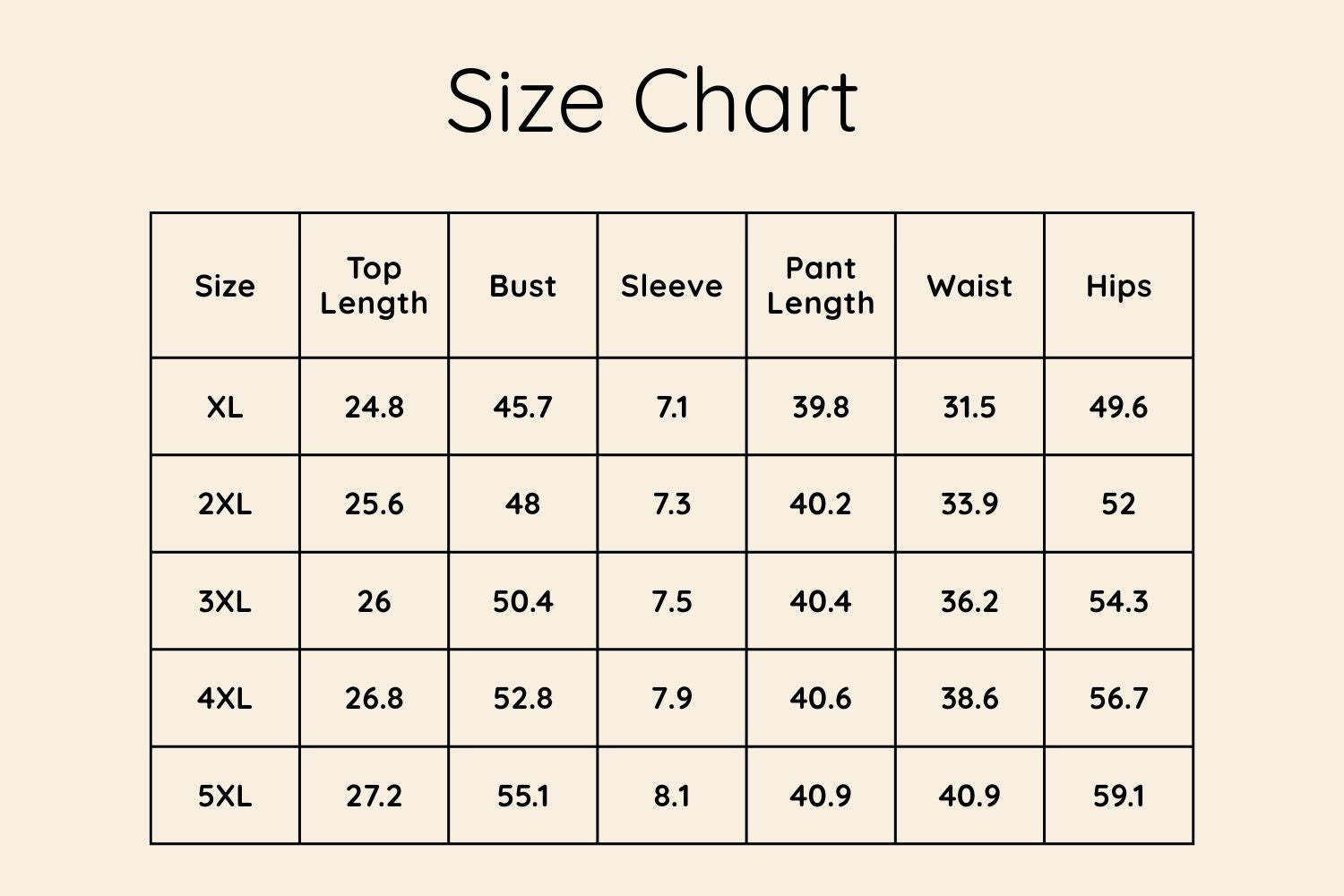 Size Chart Inches