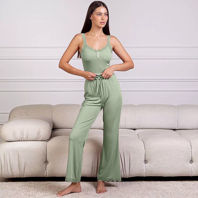 Sexy Flower Embroidered Cross Strap Pajamas Three Piece Set