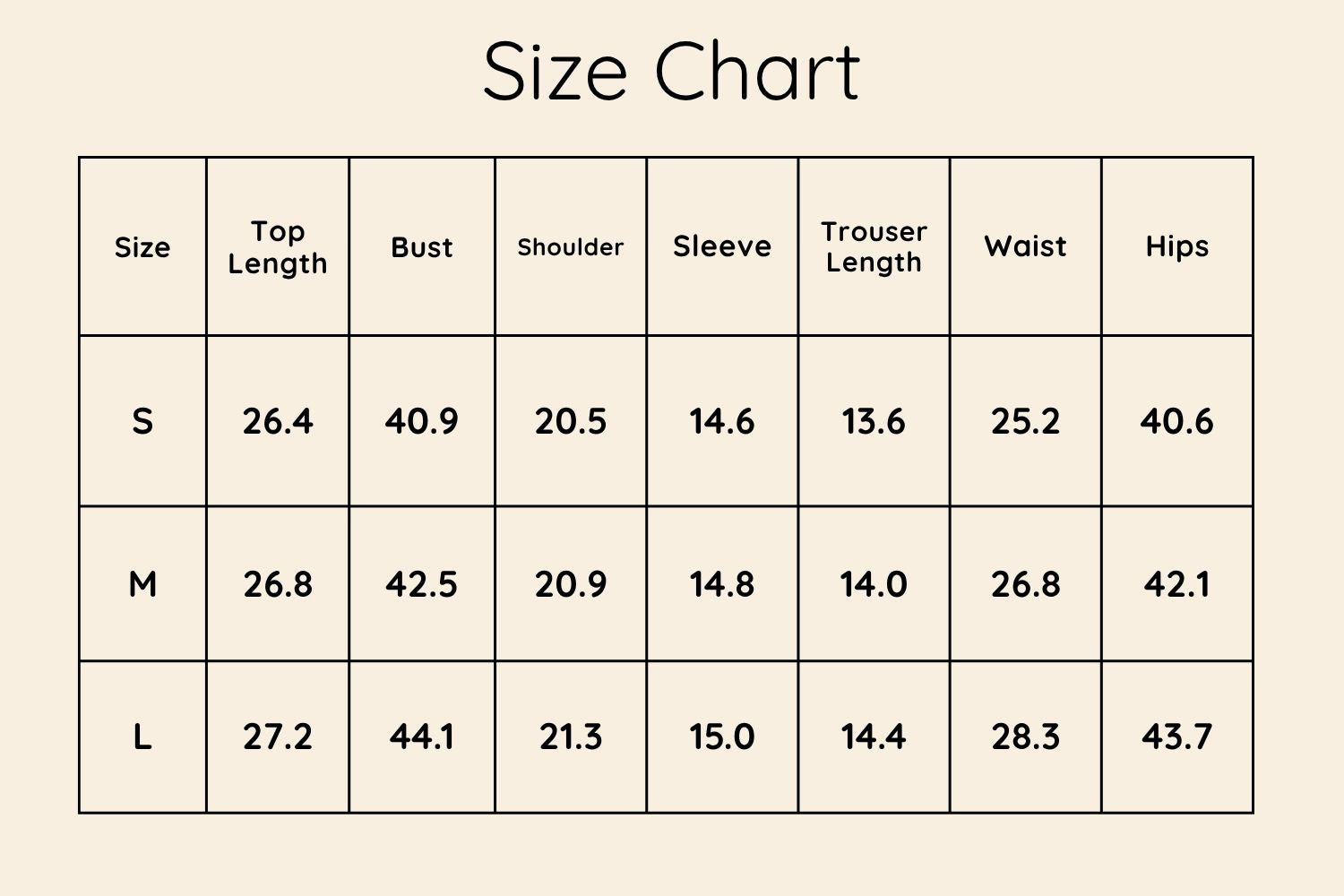 Size Chart Inches