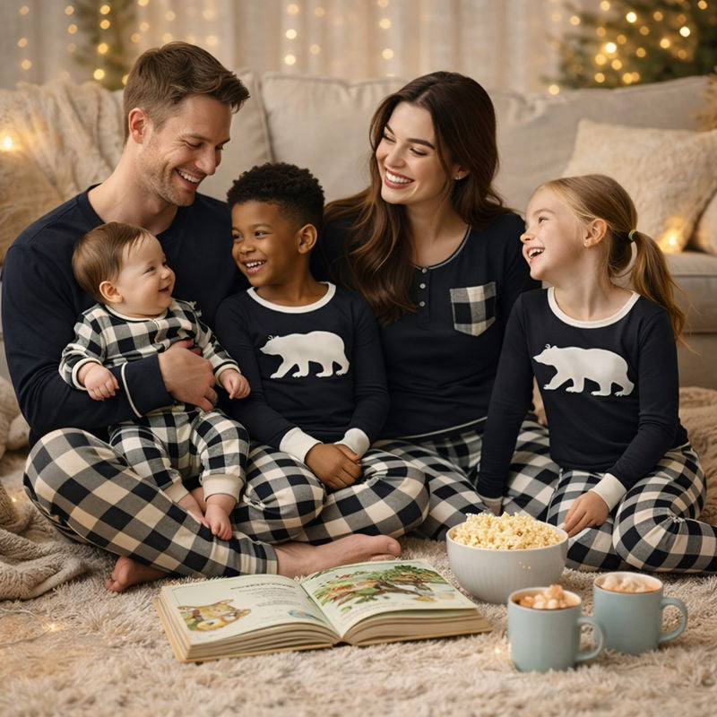 Black & Cream Plaid Bear Family Matching Pajamas