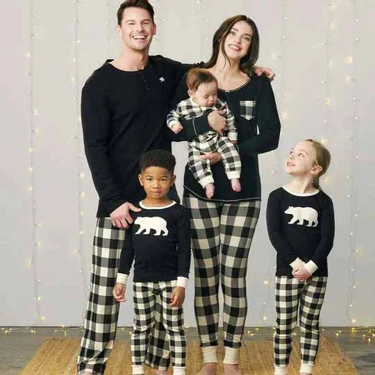 Black & Cream Plaid Bear Family Matching Pajamas
