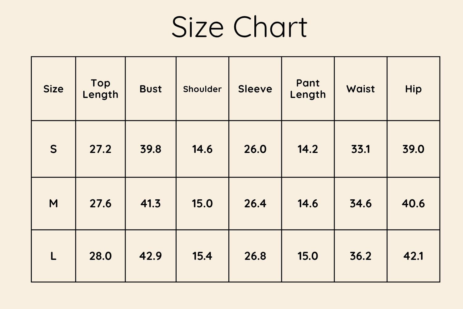 Size Chart Inches