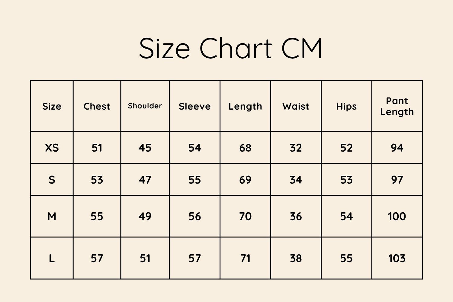 Size Chart CM