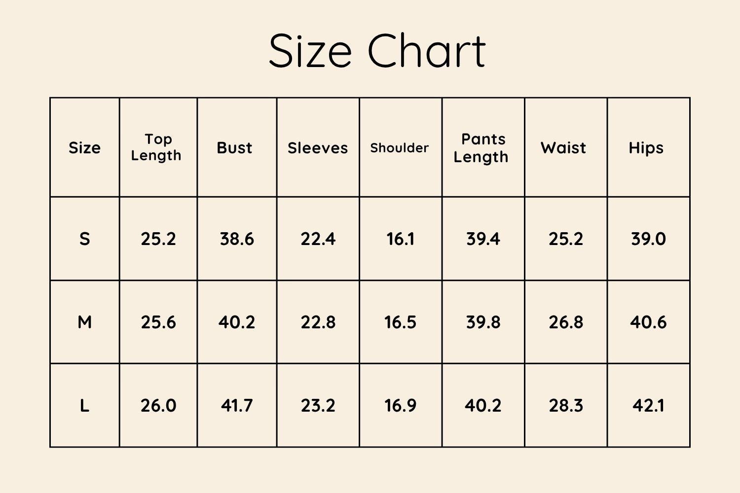 Size Chart Inches