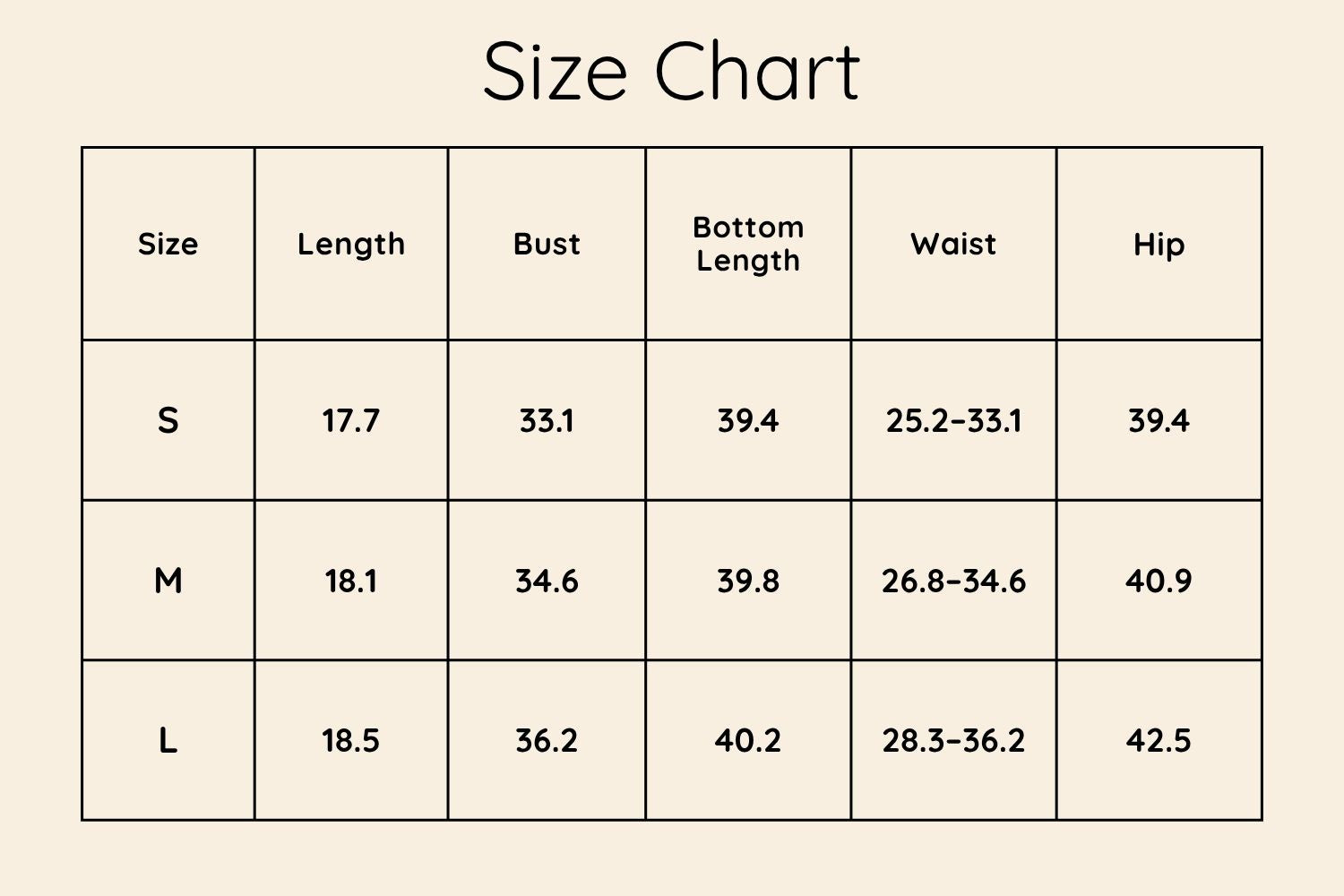 Size Chart Inches