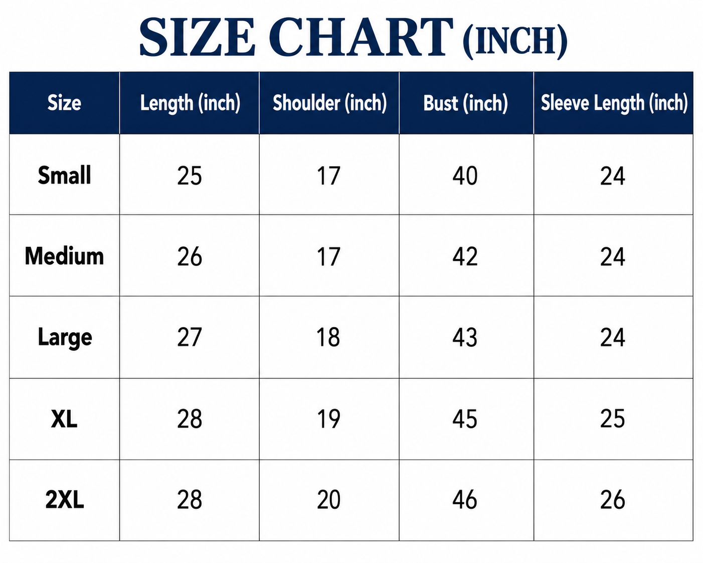 Size Chart Inches