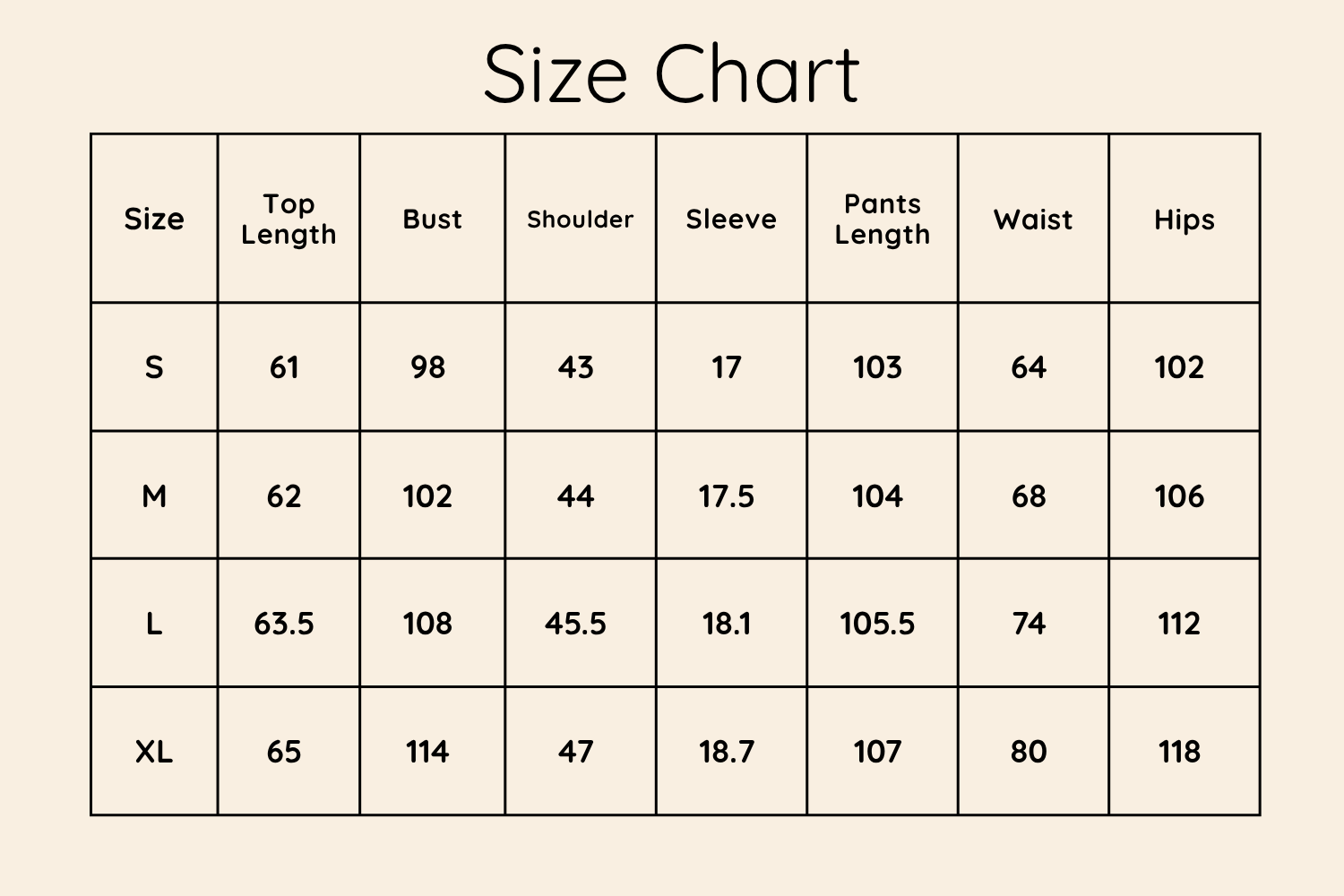 Size Chart CM