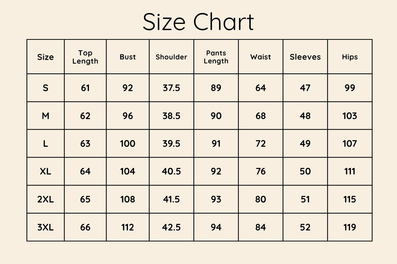 Size Chart CM