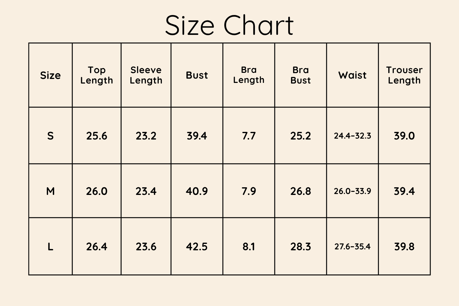 Size Chart Inches