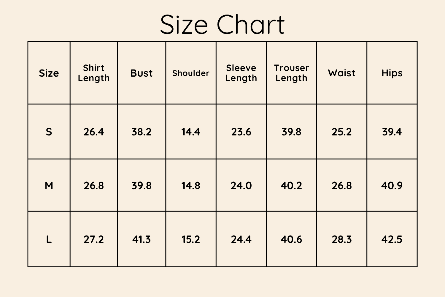 Size Chart Inches
