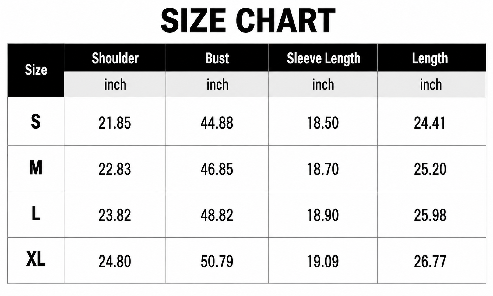 Size Chart Inches