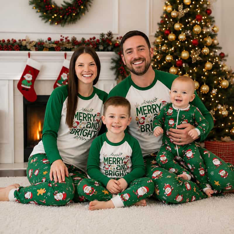 A family of four wearing matching Christmas-themed long-sleeve pajamas sits together on a white carpet in front of a decorated Christmas tree and fireplace. The pajamas are green and white with 'MERRY AND BRIGHT' text and holiday illustrations.