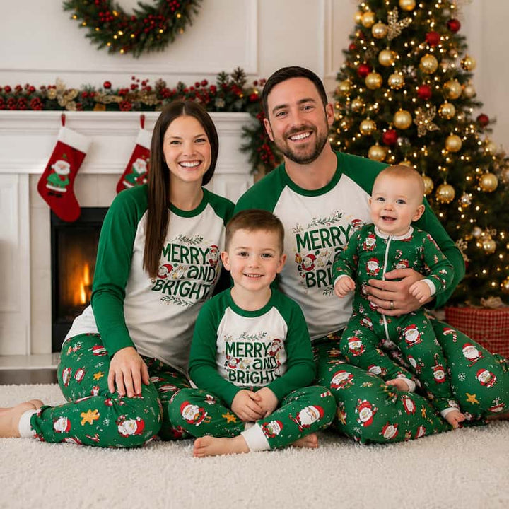 A family of four wearing matching Christmas-themed long-sleeve pajamas sits together on a white carpet in front of a decorated Christmas tree and fireplace. The pajamas are green and white with 'MERRY AND BRIGHT' text and holiday illustrations.