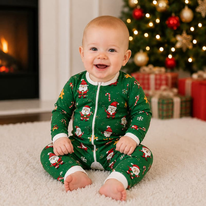 A baby sitting on a white carpet in front of a fireplace, wearing a green Christmas-themed zip-up onesie with Santa Claus and candy cane prints. A decorated Christmas tree and wrapped gifts are visible in the background.