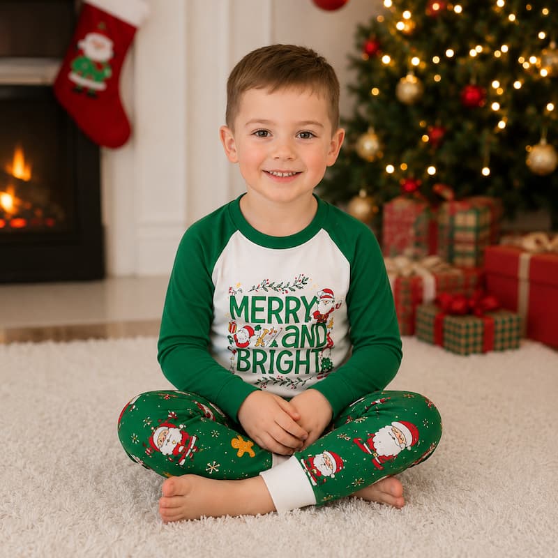 A young boy sits cross-legged on a white carpet in front of a Christmas tree and fireplace, wearing a green and white raglan long-sleeve pajama top with 'MERRY AND BRIGHT' printed on the front, and matching green pajama pants with Santa Claus illustrations.