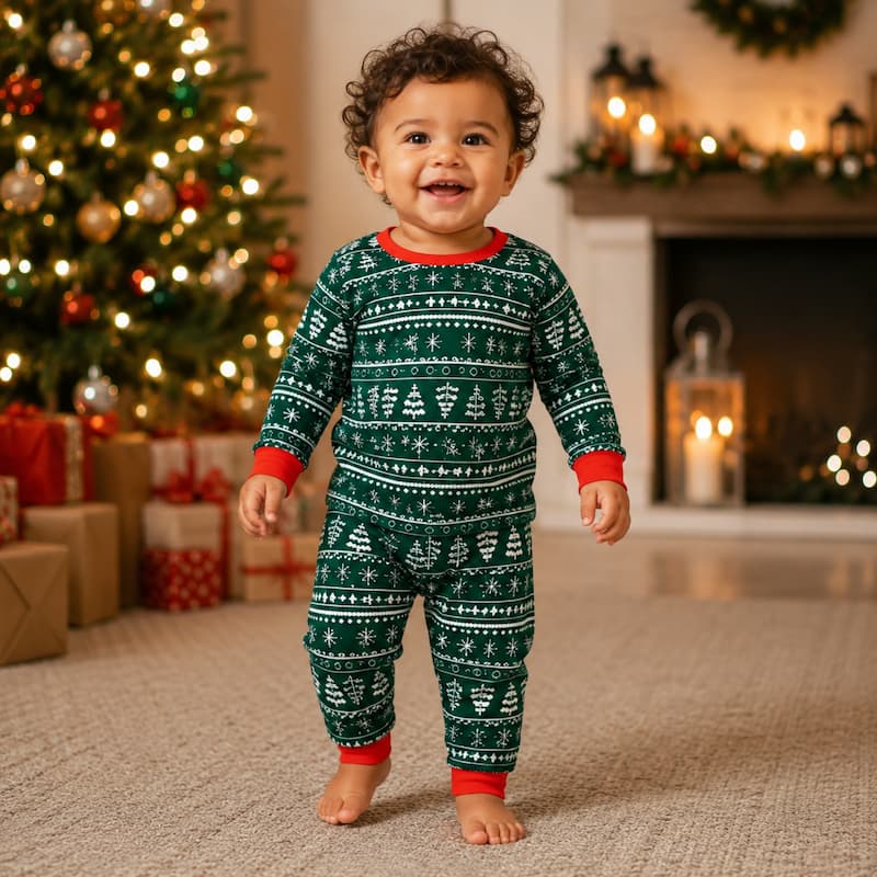 A smiling toddler stands barefoot on a carpeted floor in a cozy holiday room, wearing a green and white Christmas-themed one-piece pajama with red cuffs and collar. A decorated Christmas tree and fireplace are blurred in the background.