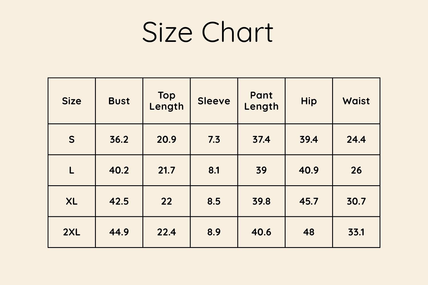 Size Chart Inches
