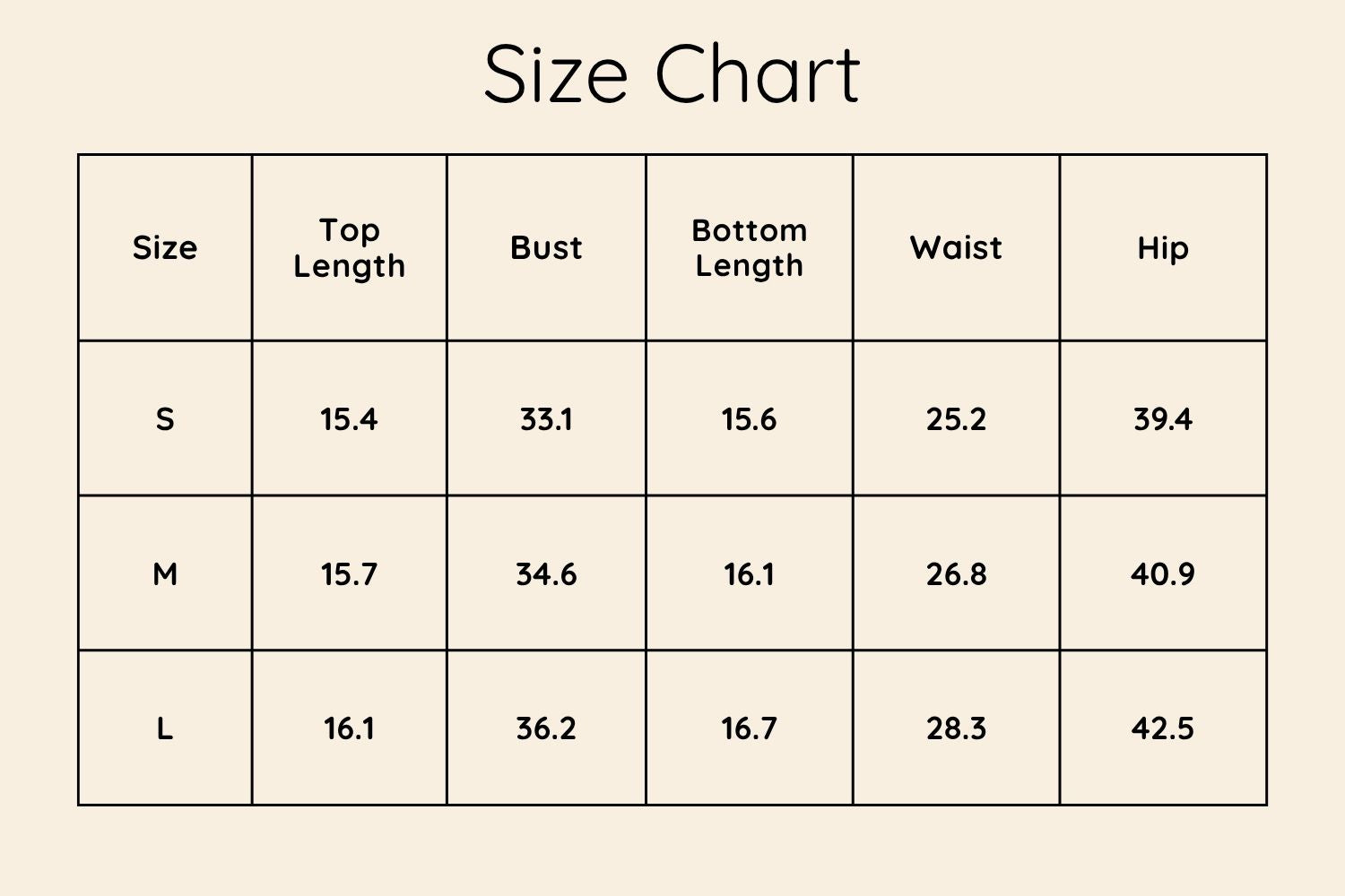 Size Chart Inches