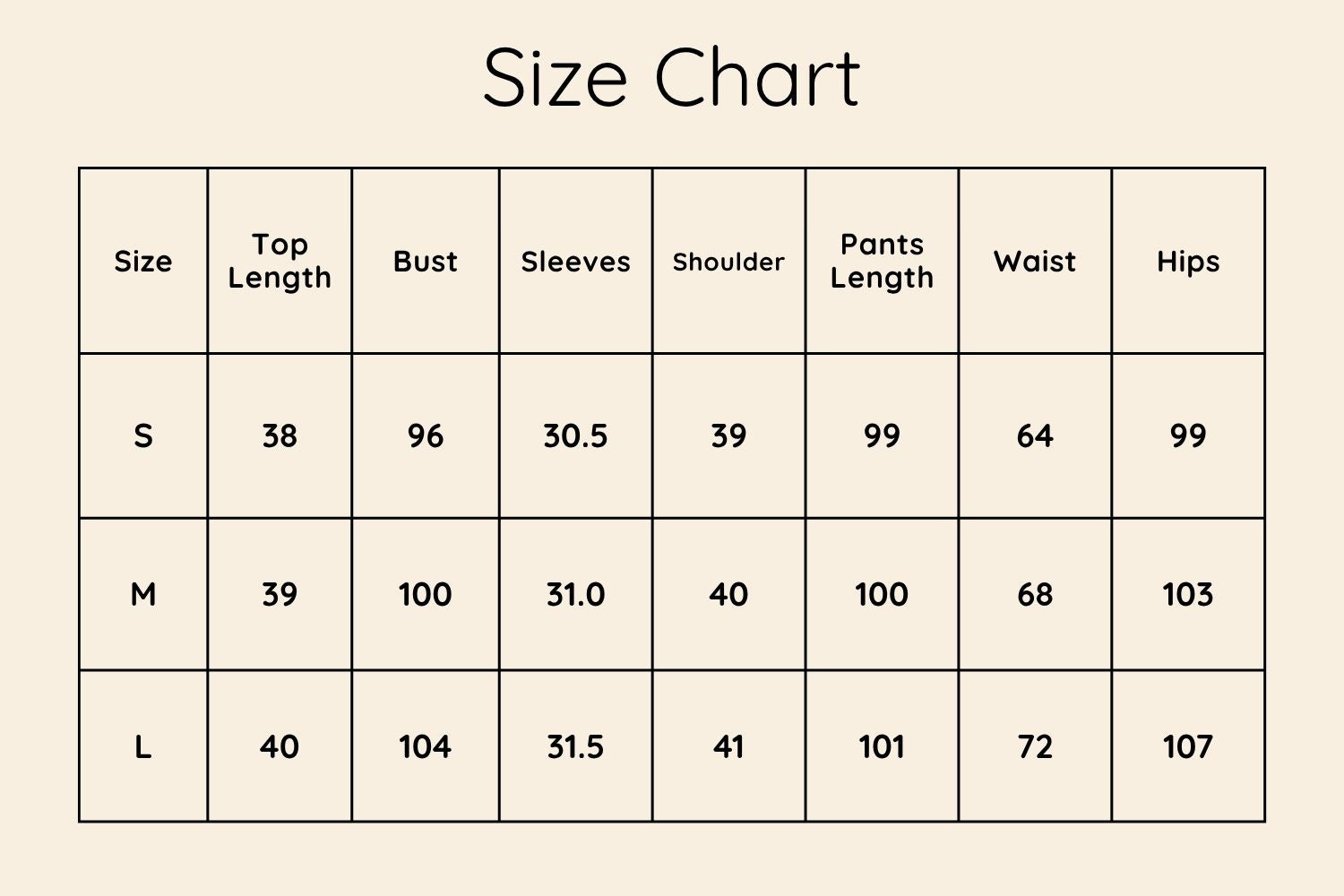 Size Chart CM