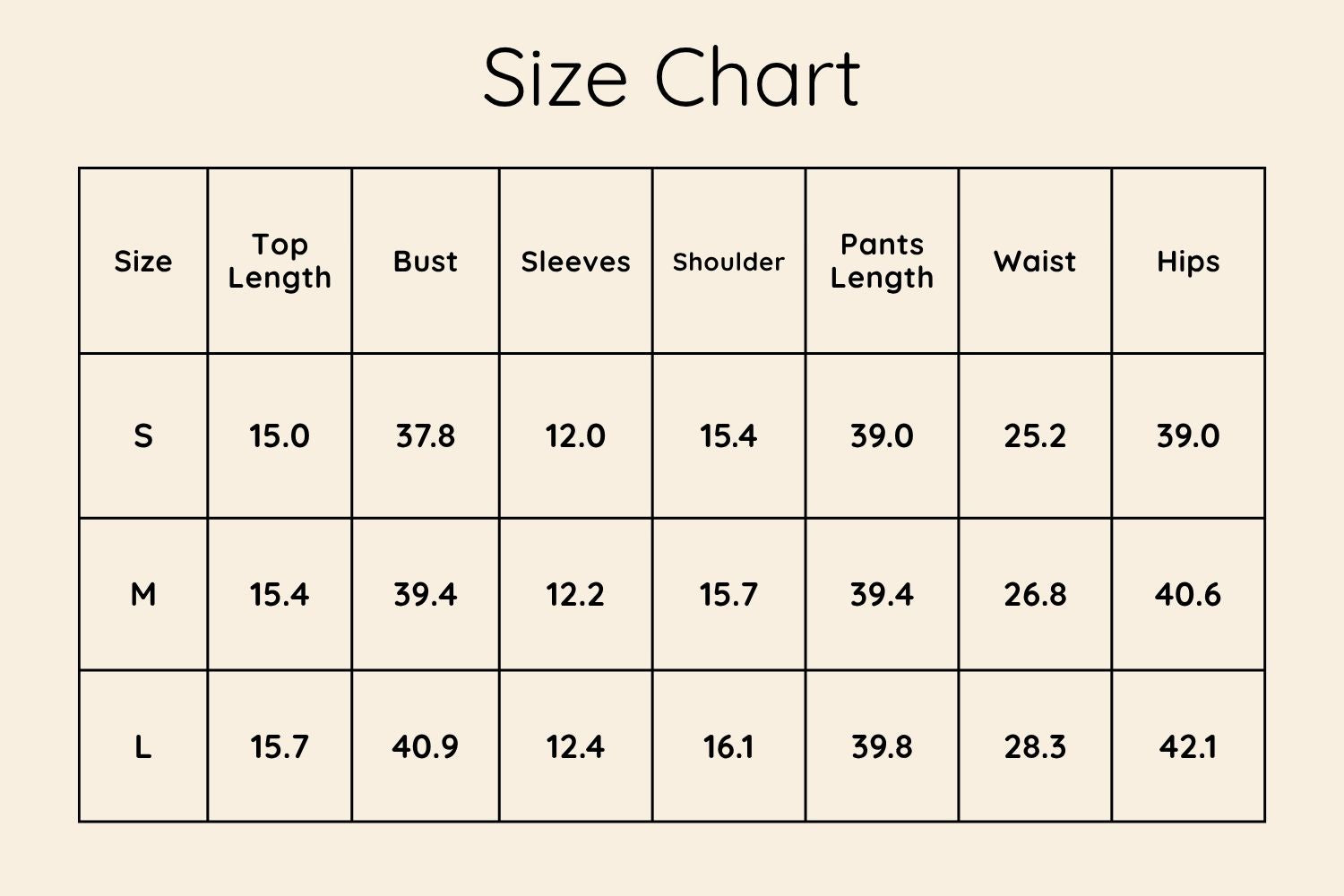 Size Chart Inches