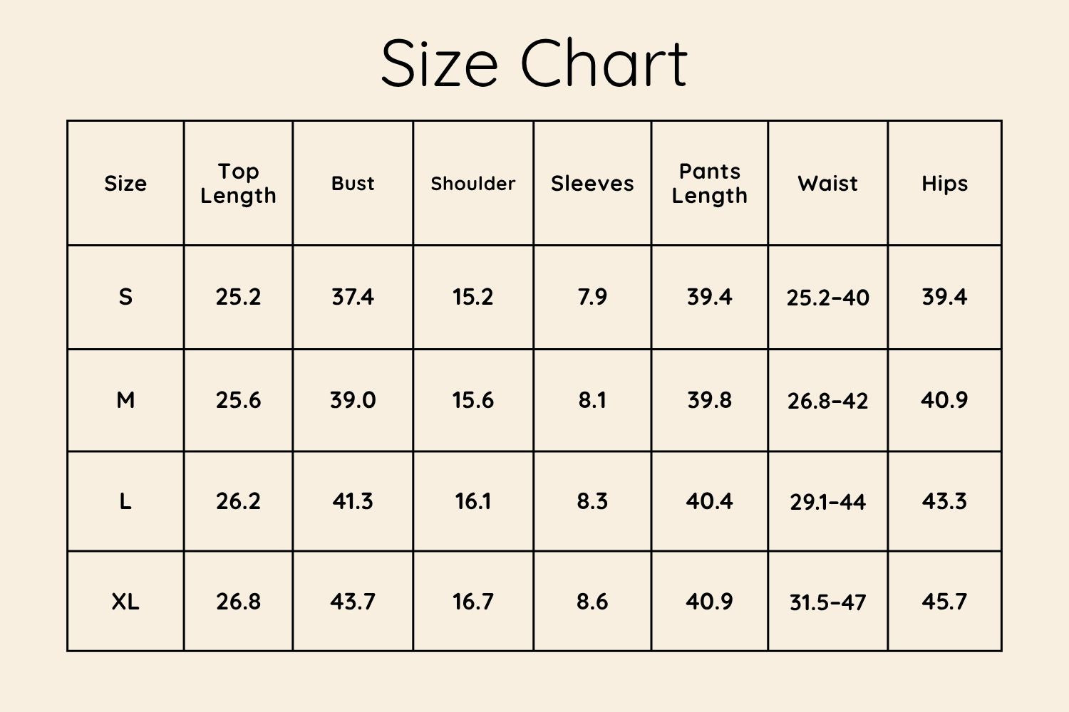 Size Chart Inches