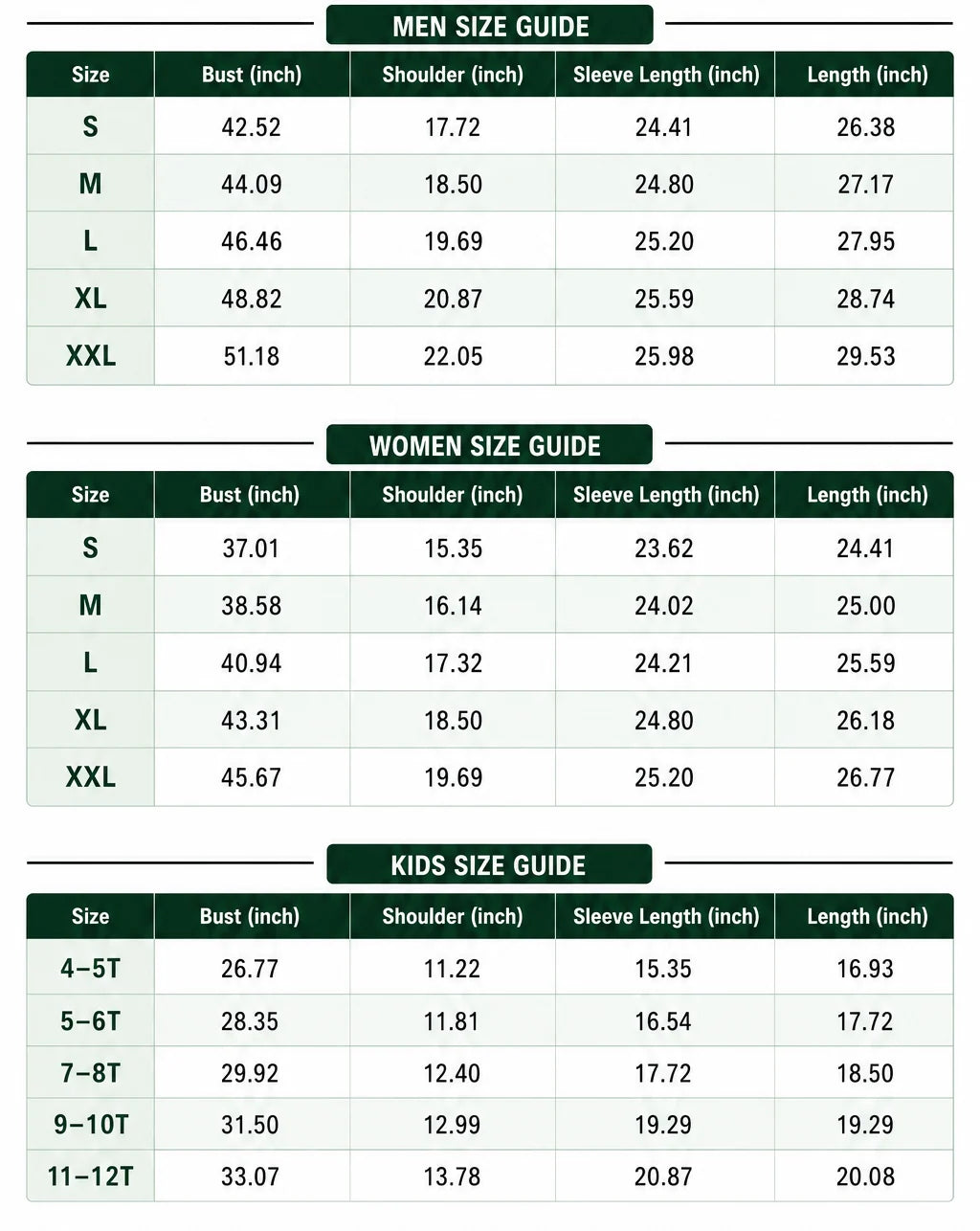 Size Chart Inches
