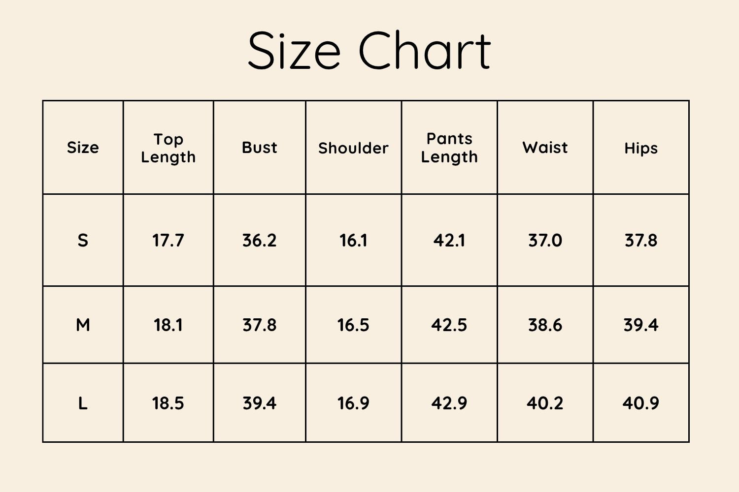 Size Chart Inches