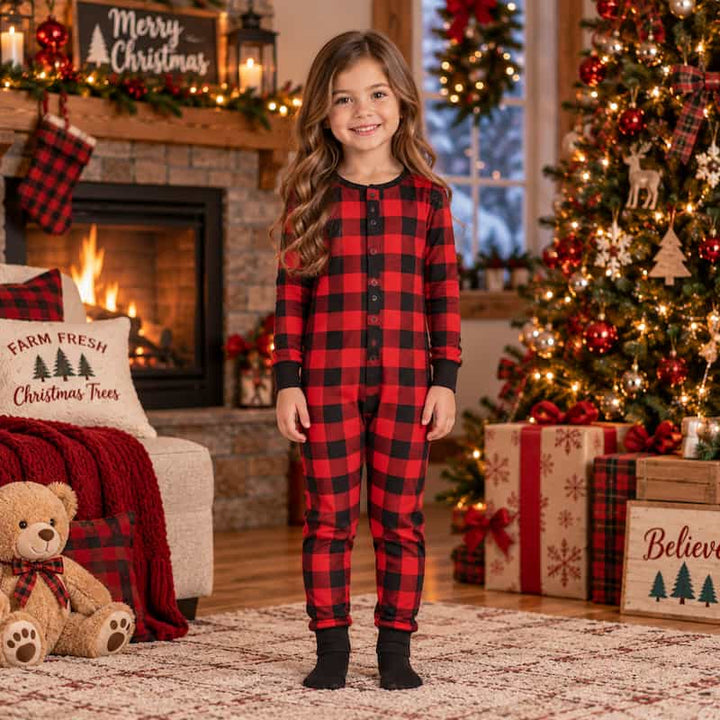 A young girl stands in a cozy, decorated Christmas living room wearing a red and black buffalo plaid long-sleeve pajama set. The room features a fireplace, a lit Christmas tree, wrapped gifts, and holiday decorations.
