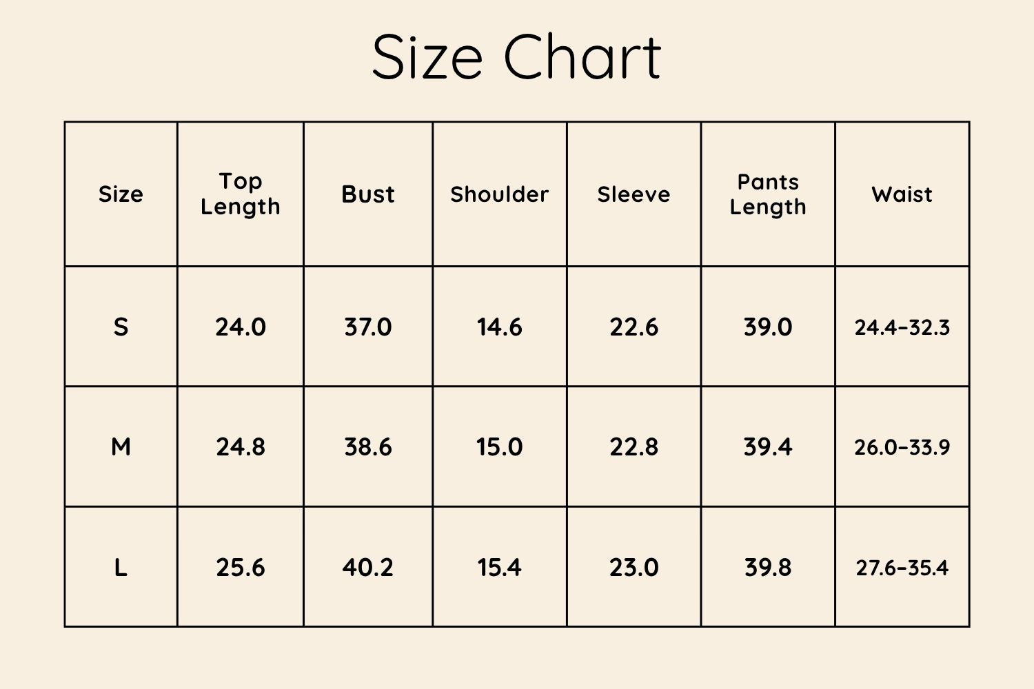 Size Chart Inches