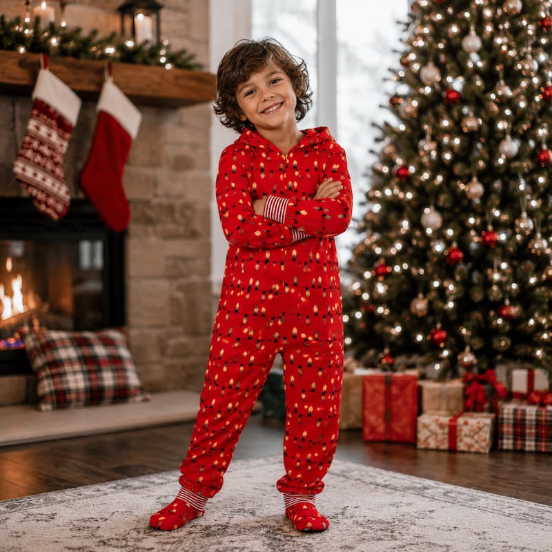 A young boy stands in a cozy holiday living room wearing a red hooded one-piece pajama with a white and gold Christmas tree pattern, red-and-white striped cuffs, and matching red socks. A fireplace with stockings, a decorated Christmas tree, and wrapped gifts are visible in the background.