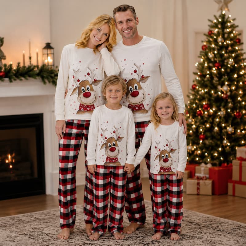 A family of four wearing matching white long-sleeve Christmas pajamas with a large reindeer graphic on the front and red, black, and white plaid pants, standing in a cozy living room with a fireplace, holiday greenery, and a decorated Christmas tree.