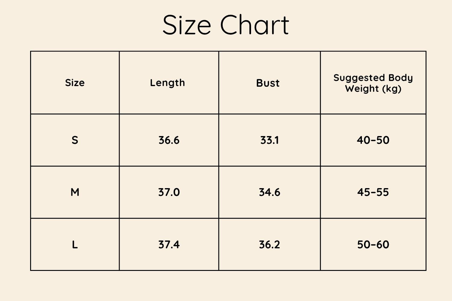 Size Chart Inches