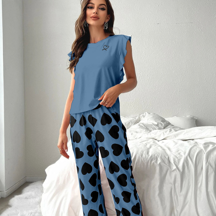 Ruffles Sleeves And Heart Print Pajamas