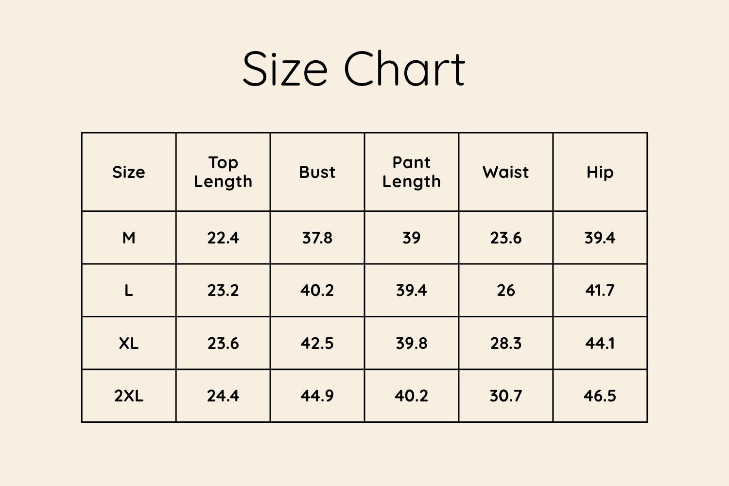 Size Chart Inches