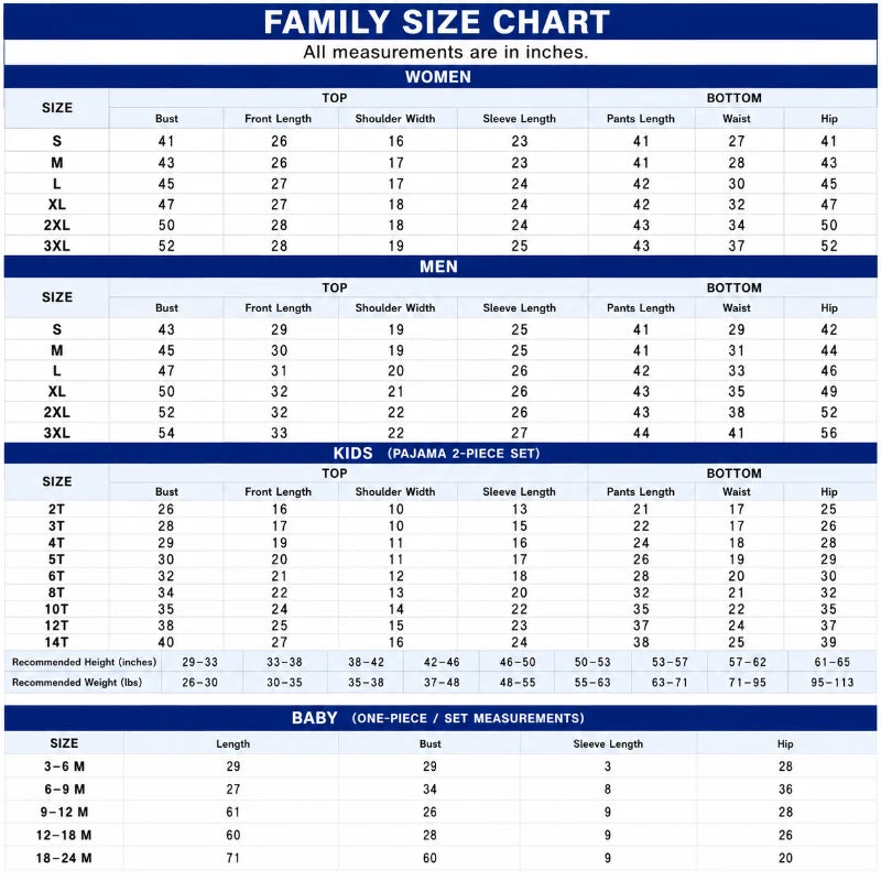 Size Chart Inches