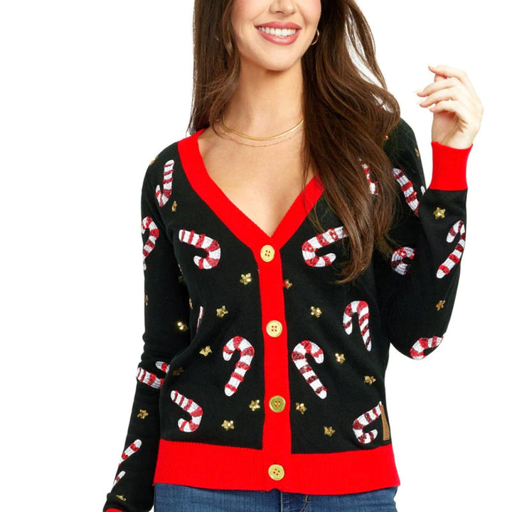 Candy Cane Buttoned Women Christmas Ugly Sweater