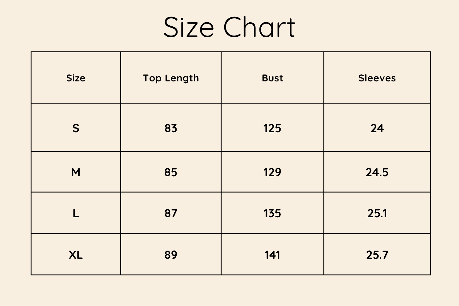 Size Chart CM