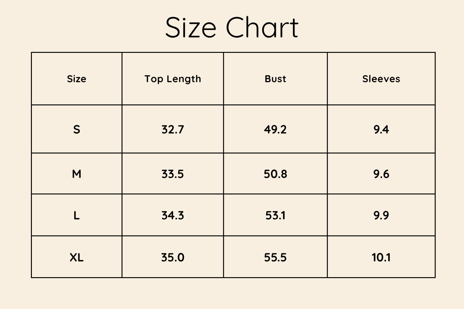 Size Chart Inches