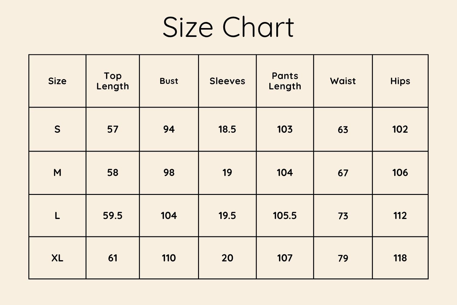 Size Chart CM