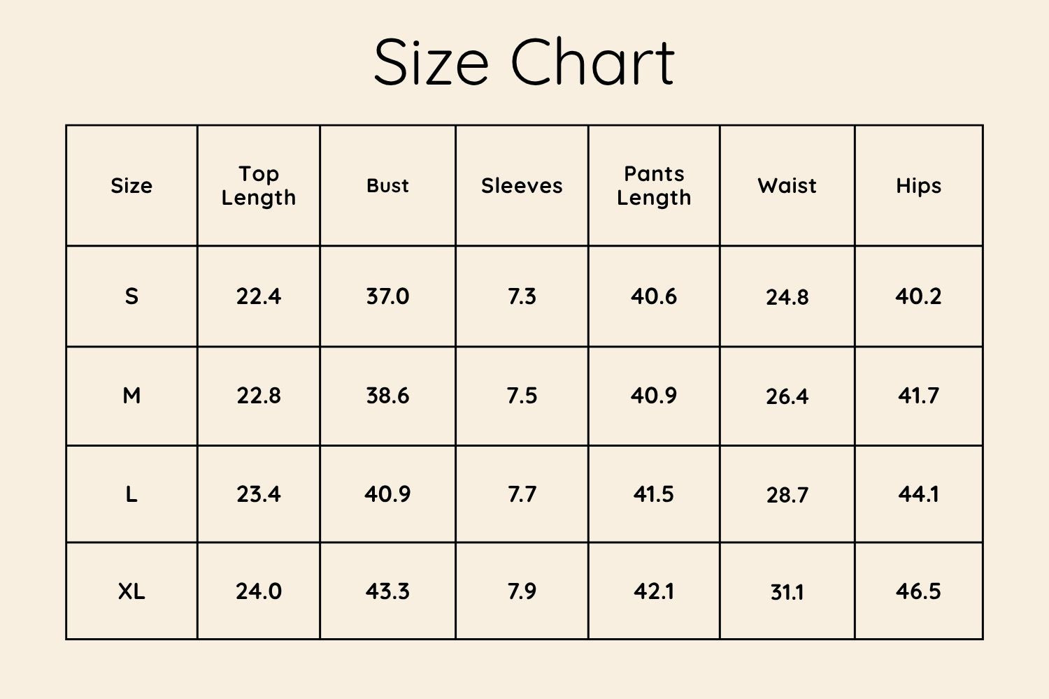 Size Chart Inches