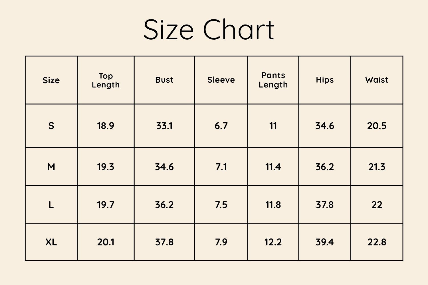 Size Chart Inches