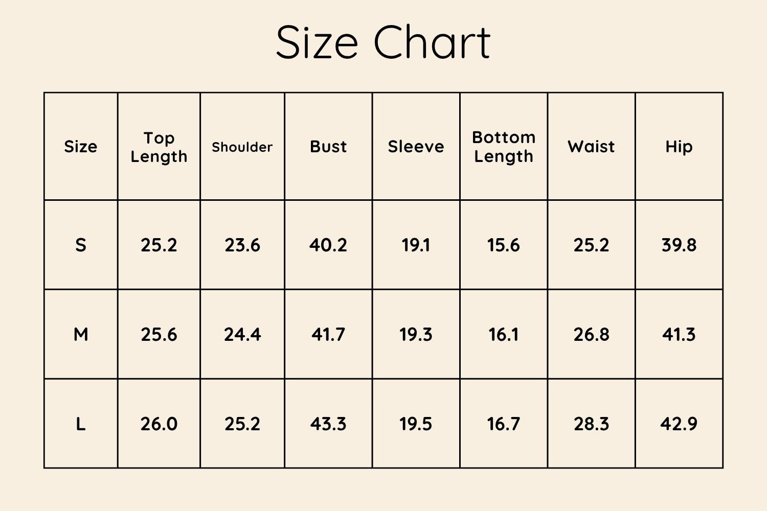 Size Chart Inches