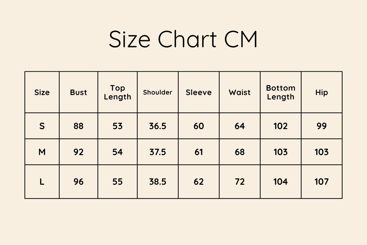 Size Chart CM