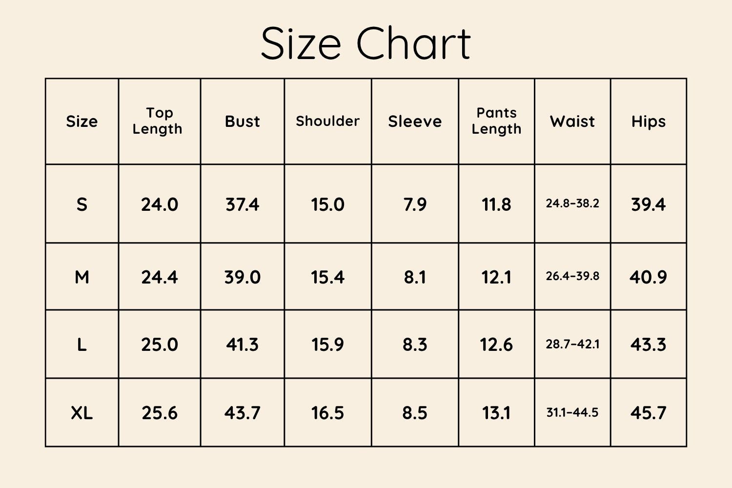 Size Chart Inches