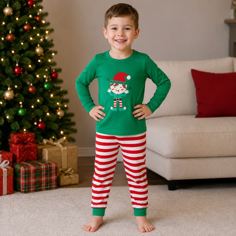 A young boy stands barefoot in a living room wearing a green long-sleeve Christmas pajama top with a cartoon elf graphic and red-and-white striped pajama pants. A decorated Christmas tree, wrapped gifts, and a beige sofa are visible in the background.