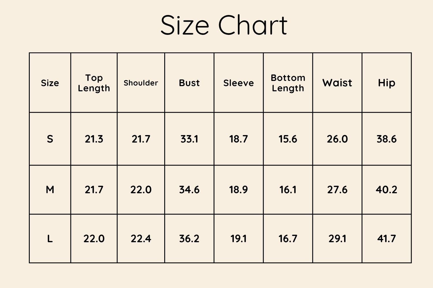 Size Chart Inches