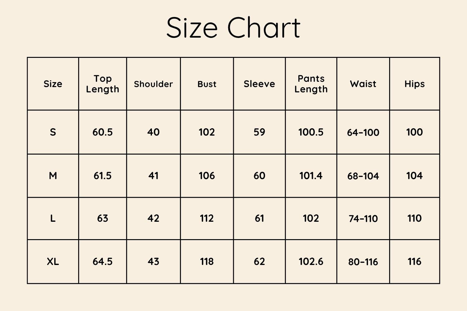Size Chart CM