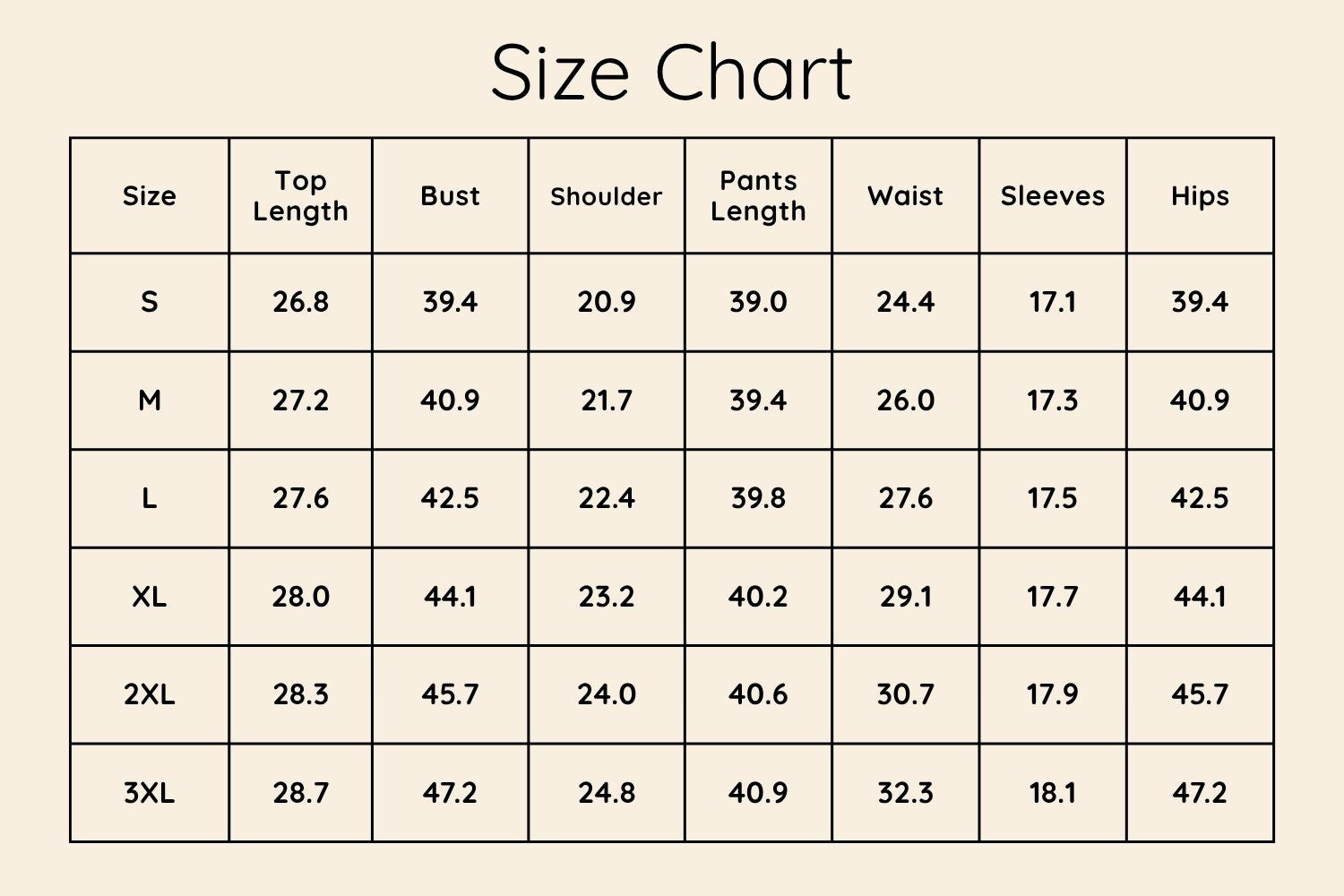 Size Chart Inches