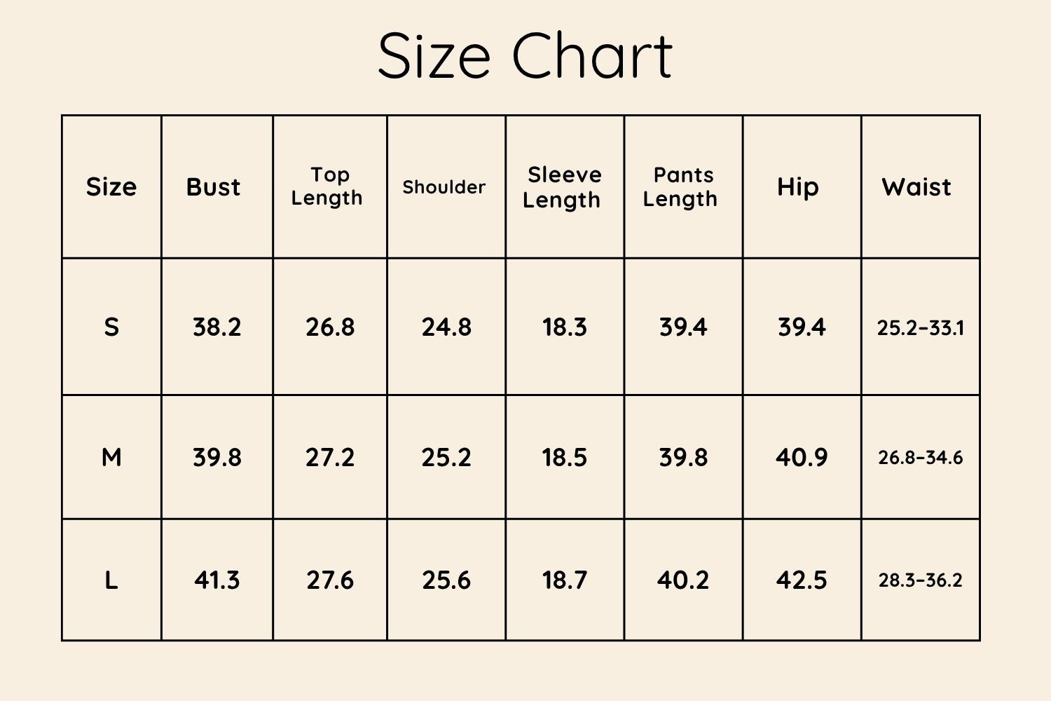 Size Chart Inches
